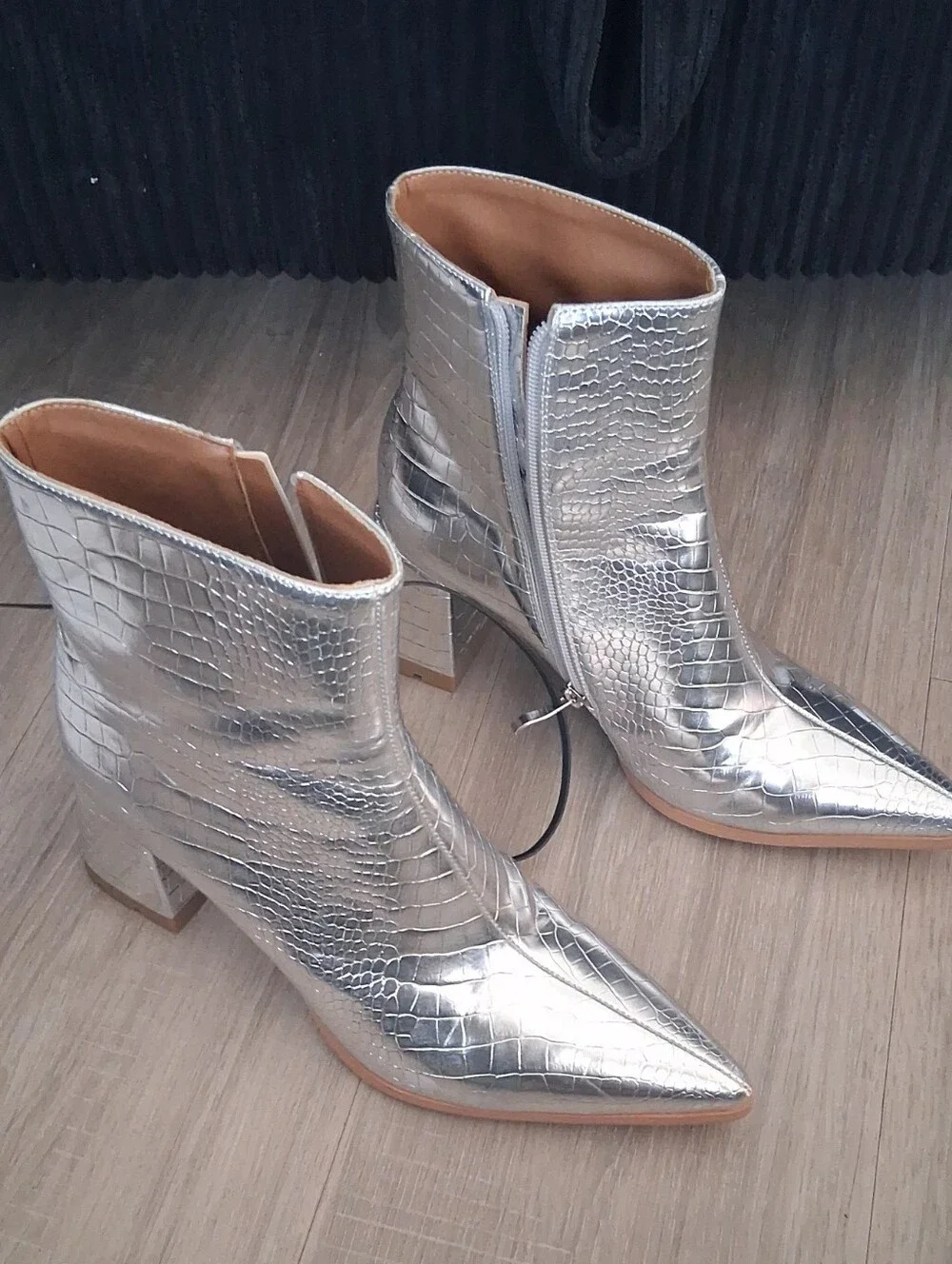 Croc-Embossed Silver Pointed Ankle Boots
